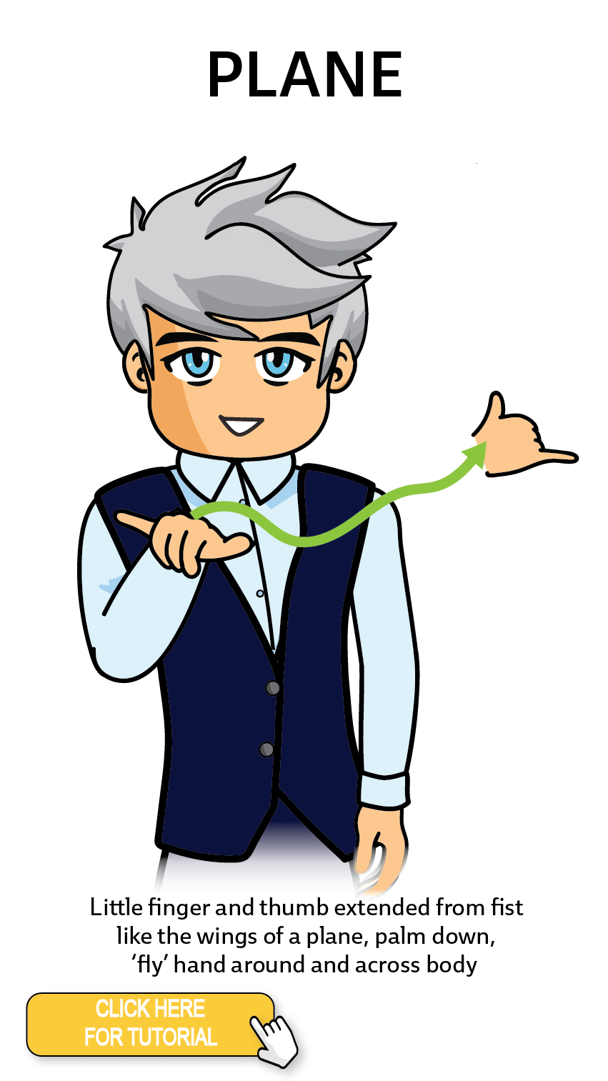 The Cérge character performing sign language for the word Plane. The Keyword Sign instructions are: Little finger and thumb extended from fist like the wings of a plane, palm down, "fly" hand around and across body.